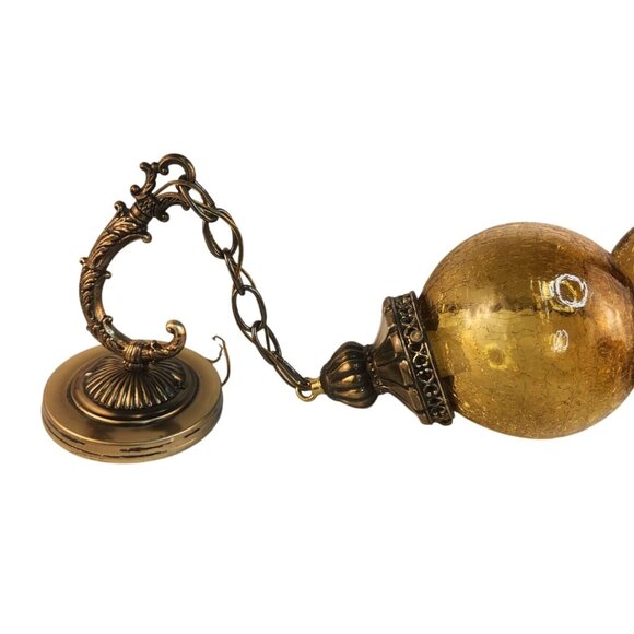 Brass & Amber Crackle Glass Vintage Wall Sconce Lighting Pair With Ornate Detail - Picture 10 of 16